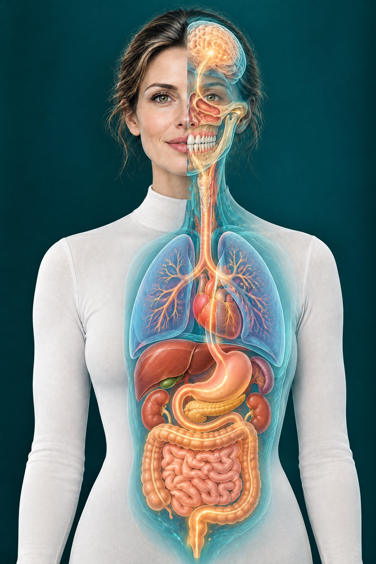 Front-facing systemic anatomy illustration showing the oral environment, sinuses, jaw, airway, lungs and abdominal organs connected along the oral-gut-brain axis